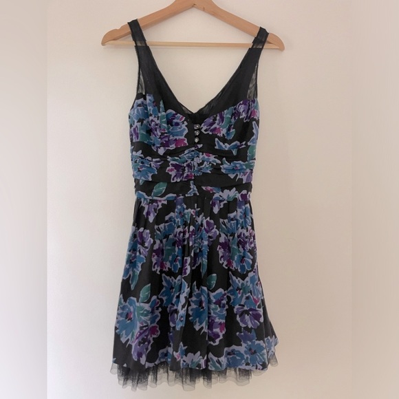 Free People Purple and Black Floral Ruched Tulle Cocktail Mini Dress size 4 EUC - Picture 1 of 9